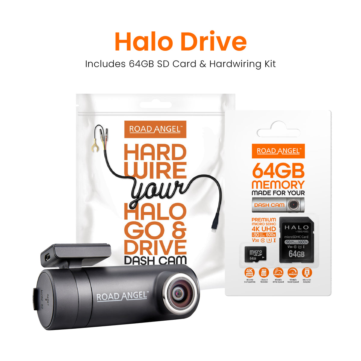 Road Angel Halo Drive 2K Compact Dash Cam with 64GB SD Card & Hardwiring Kit Bundle