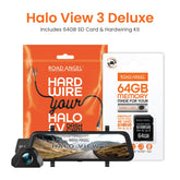 New - Halo View 3 4K – 2160p & 1080p Front & Rear Anti-Glare Mirror Dash Cam with integrated 10 inch LCD touchscreen & Reverse Parking Aid With 64GB SD Card & Hardwiring Kit Bundle
